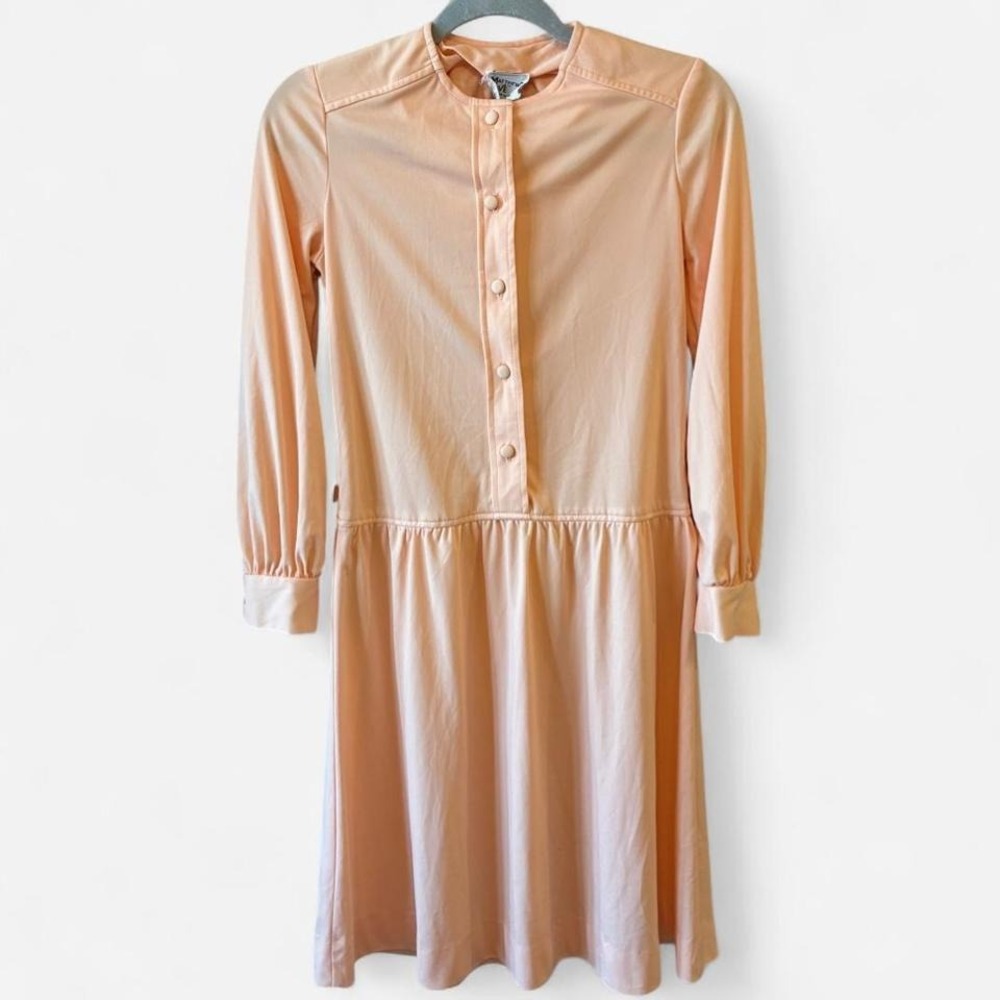 Vintage Peach Pleated Skirt Midi Dress w/ Cinched Cuffs Sz Sm P(est)